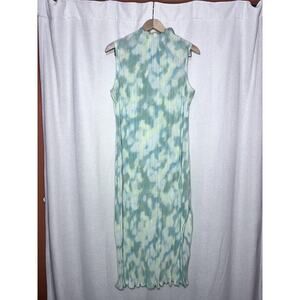 Future Collective Blue Green Watercolor Plisse Sleeveless Artsy Boho Midi Dress